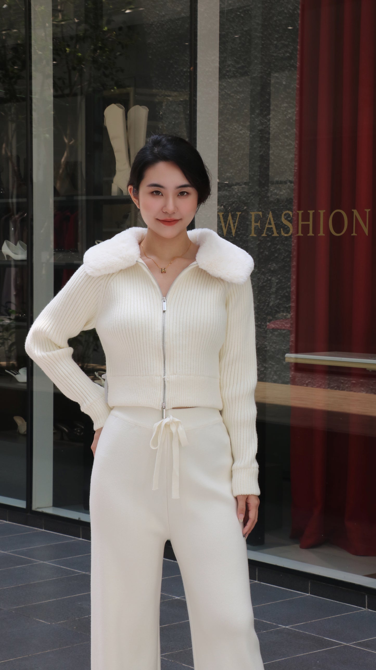 Faux Fur Lapel Collar Knit Cardigan