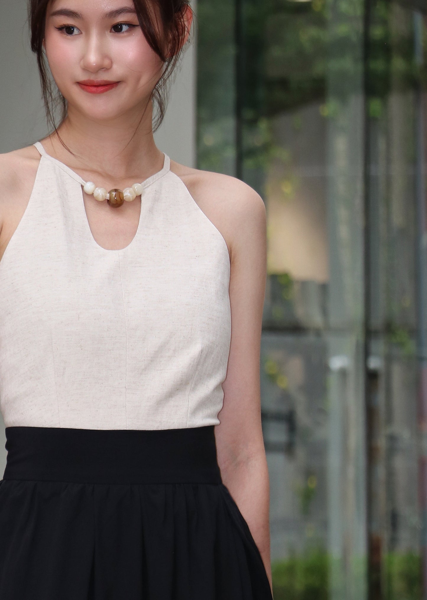 Linen Marble Ball Collar Top W55441
