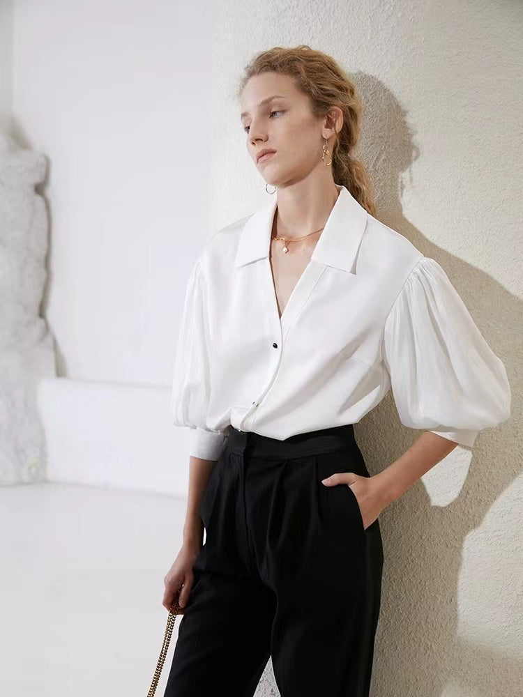 V neckline Puff Sleeve Blouse WT86632