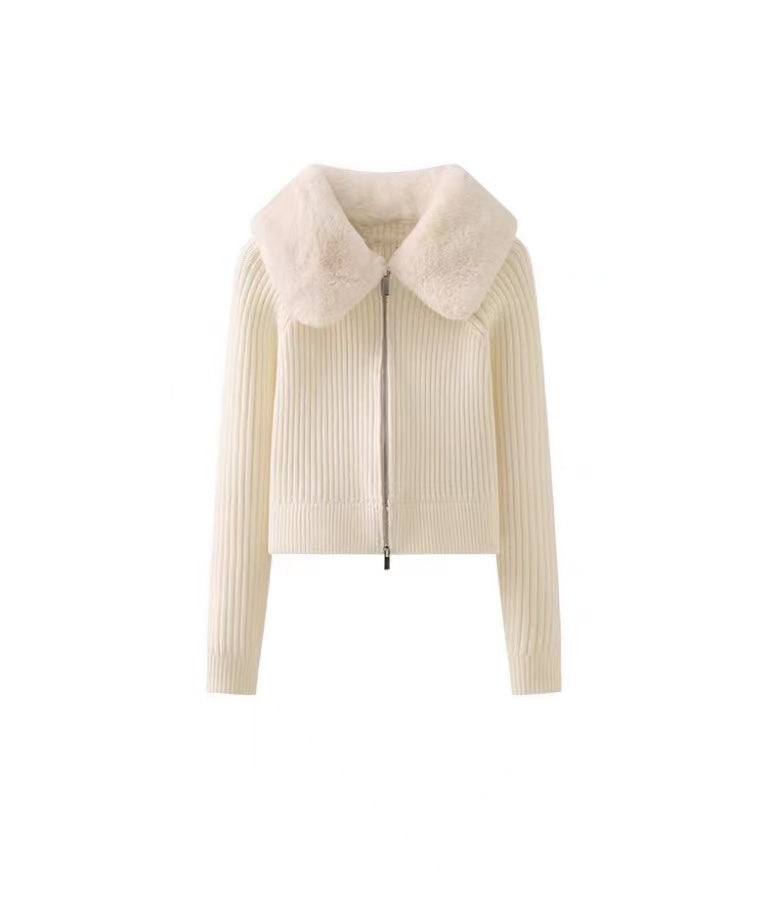 Faux Fur Lapel Collar Knit Cardigan