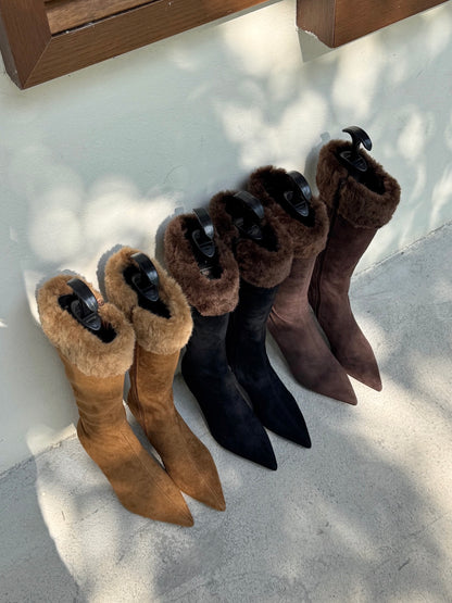 Fur Cuff Pointed Knee-High Boots ST1961