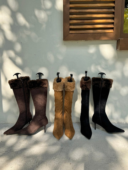 Fur Cuff Pointed Knee-High Boots ST1961