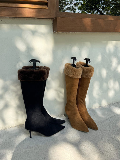 Fur Cuff Pointed Knee-High Boots ST1961