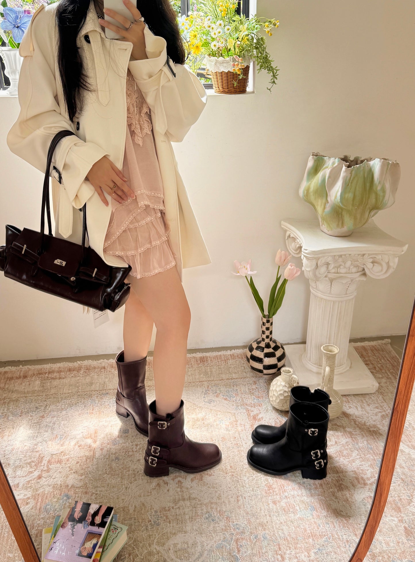 Vintage Buckle Mid-Calf Rider Boots