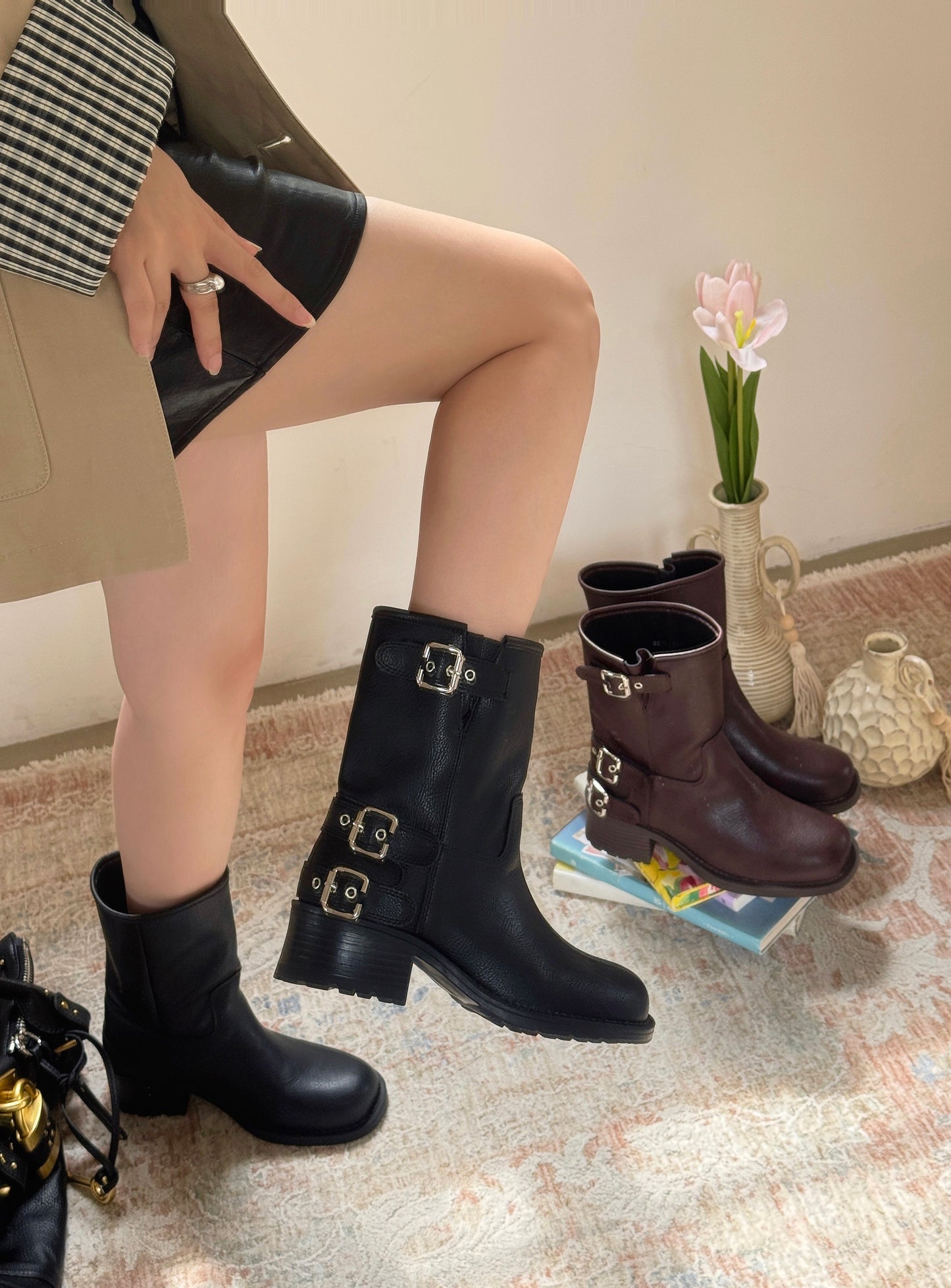 Vintage Buckle Mid-Calf Rider Boots
