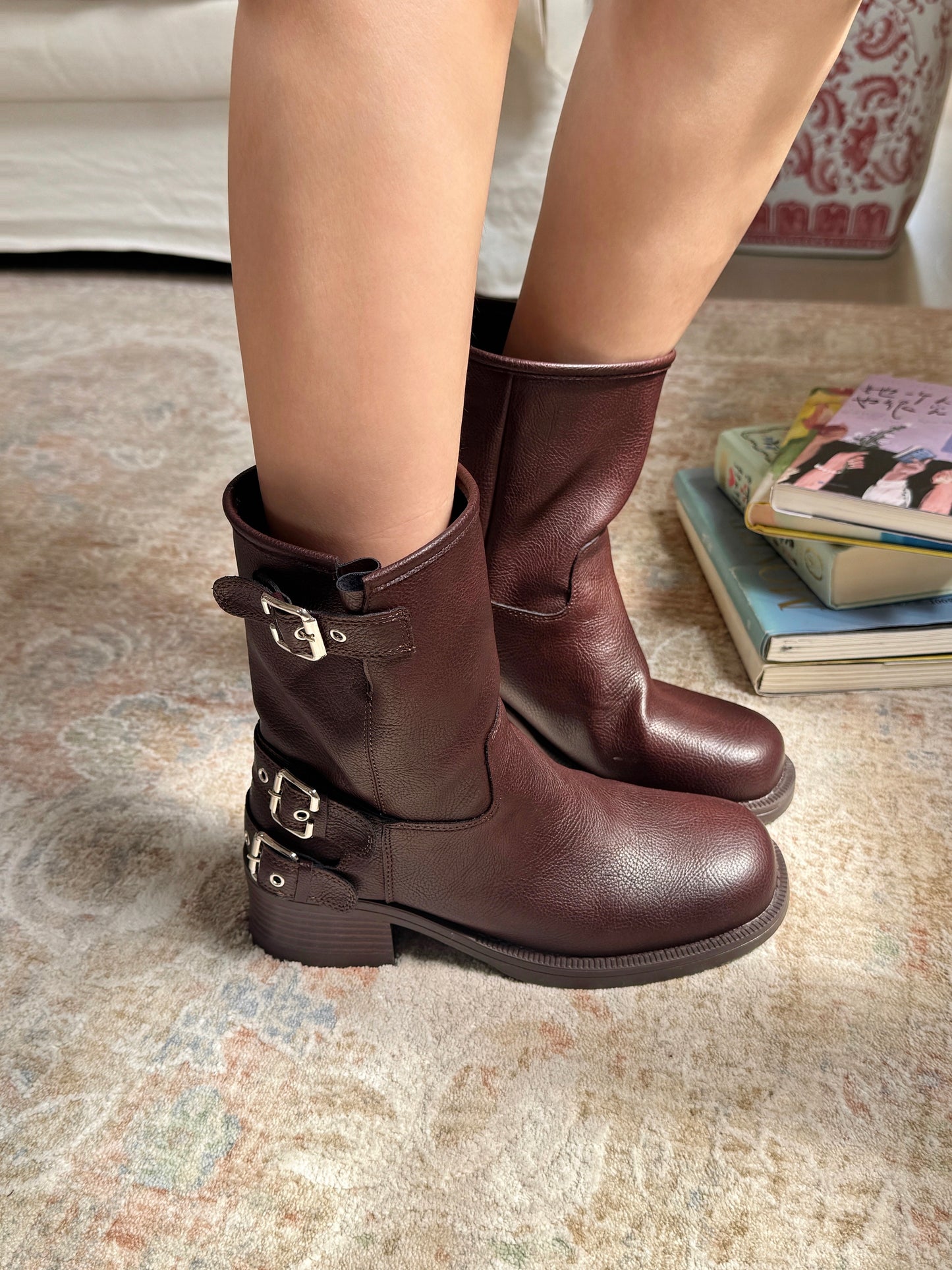 Vintage Buckle Mid-Calf Rider Boots