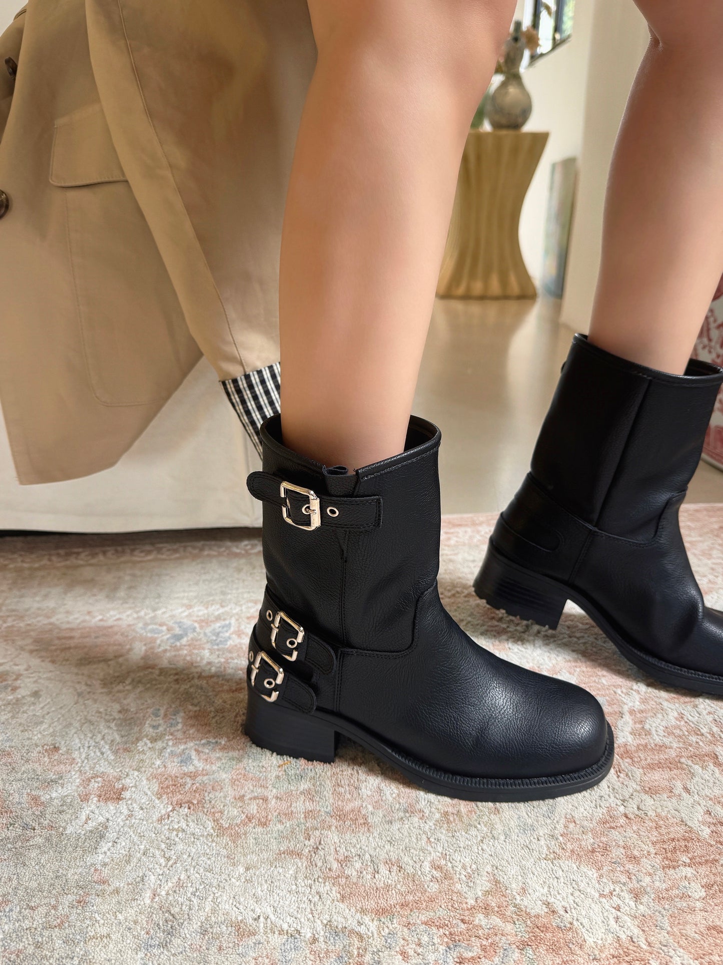 Vintage Buckle Mid-Calf Rider Boots