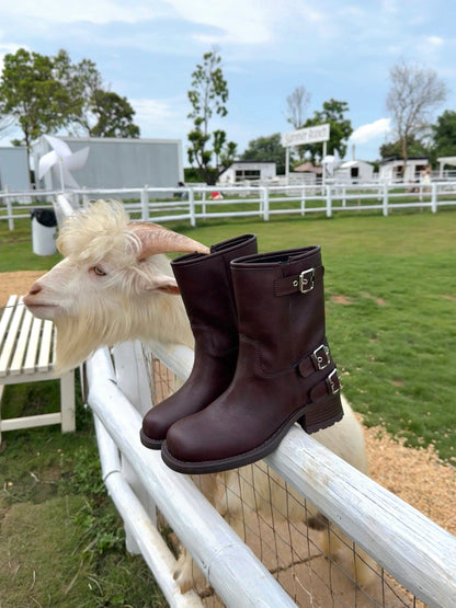 Vintage Buckle Mid-Calf Rider Boots