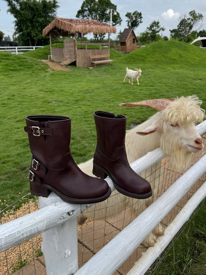 Vintage Buckle Mid-Calf Rider Boots