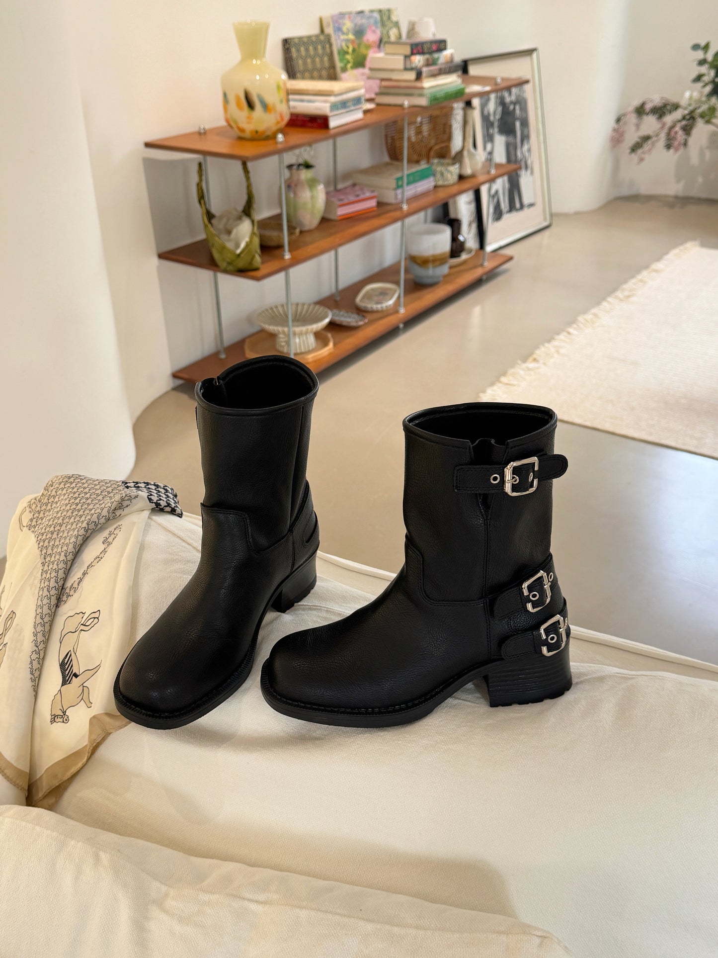 Vintage Buckle Mid-Calf Rider Boots