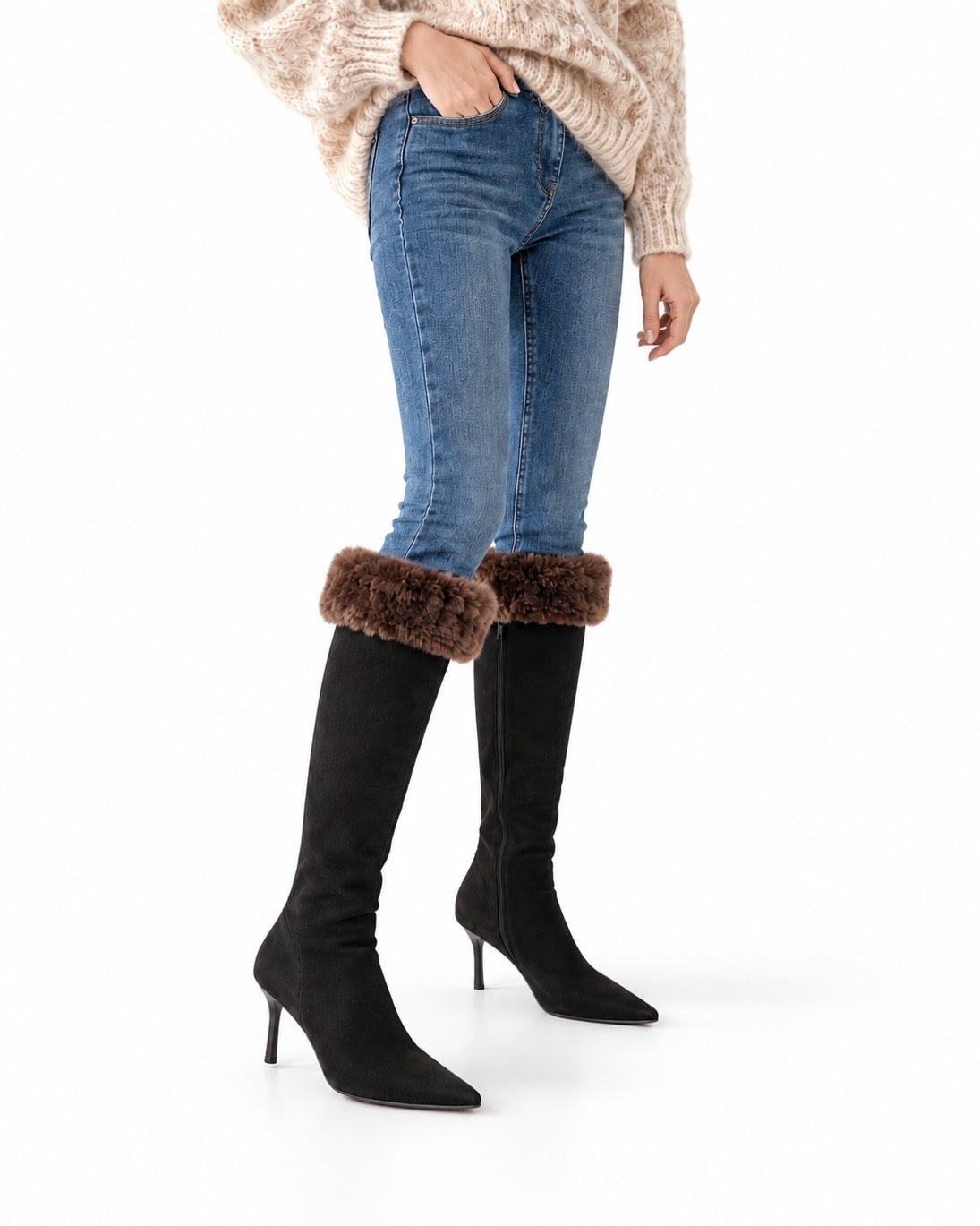 Fur Cuff Pointed Knee-High Boots ST1961