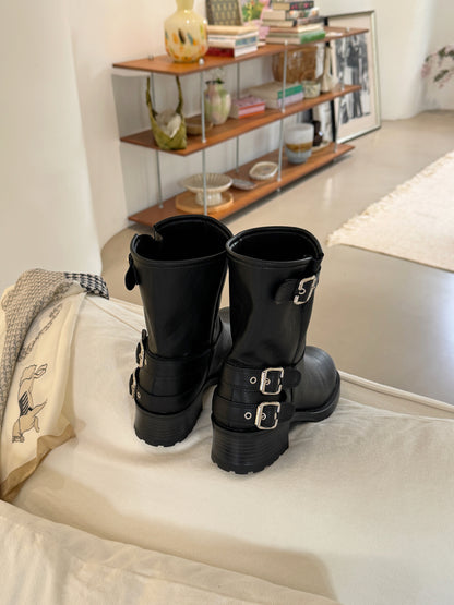 Vintage Buckle Mid-Calf Rider Boots
