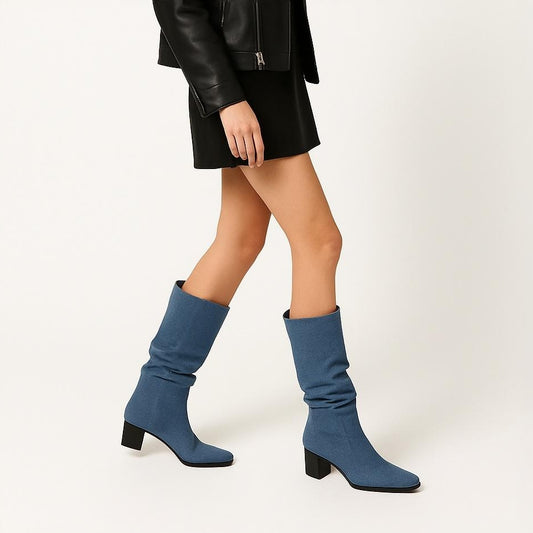 Denim Thigh High Boots - Block Heels