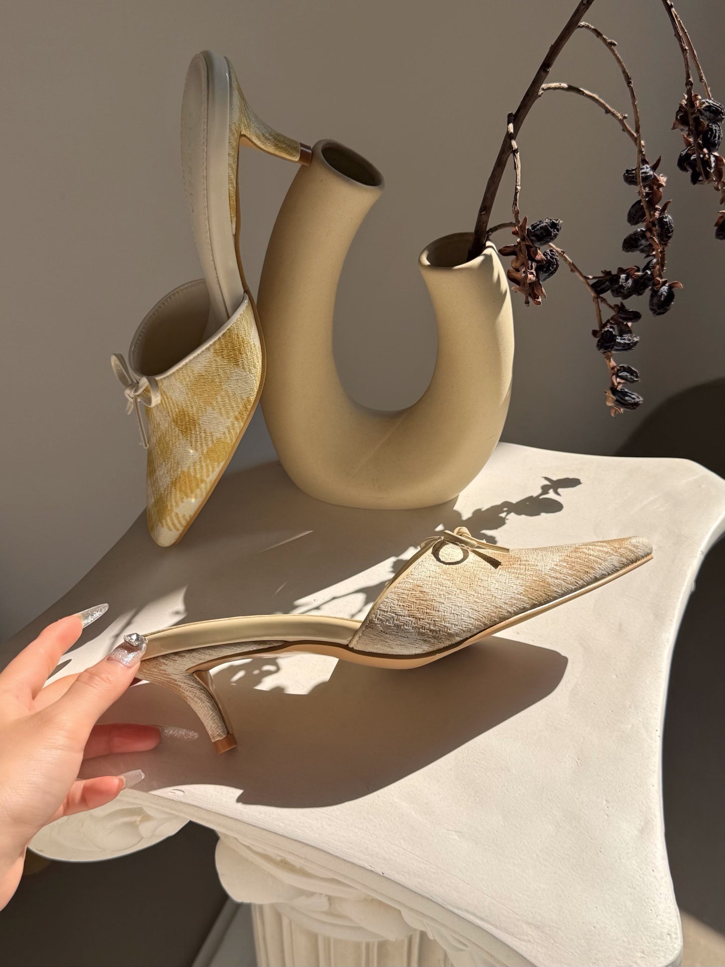 Ribbon Texture Gimgham Mules ST858