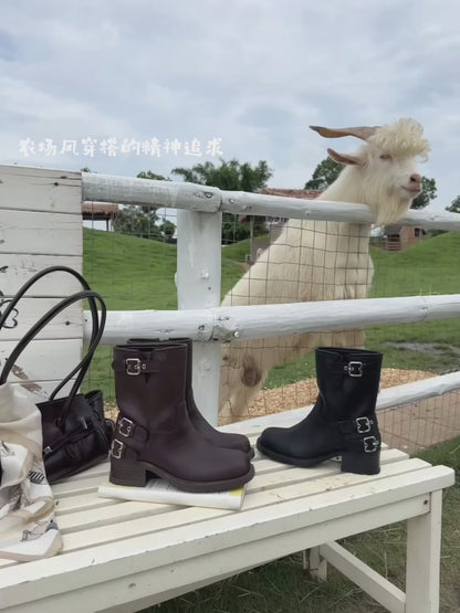 Vintage Buckle Mid-Calf Rider Boots